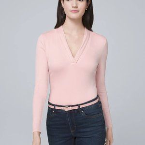 WHBM (size M) pink, long-sleeved, v-neck shawl tee with decorative collar